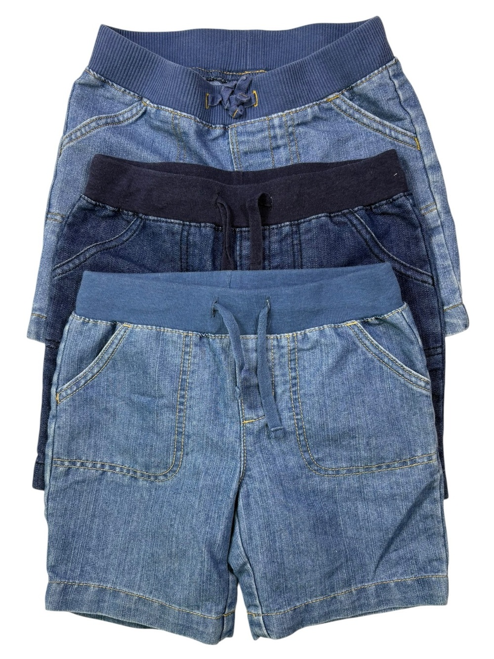 3 Pair Faded Glory Girls Denim Pull-On Shorts Trio - Light to Dark Blue